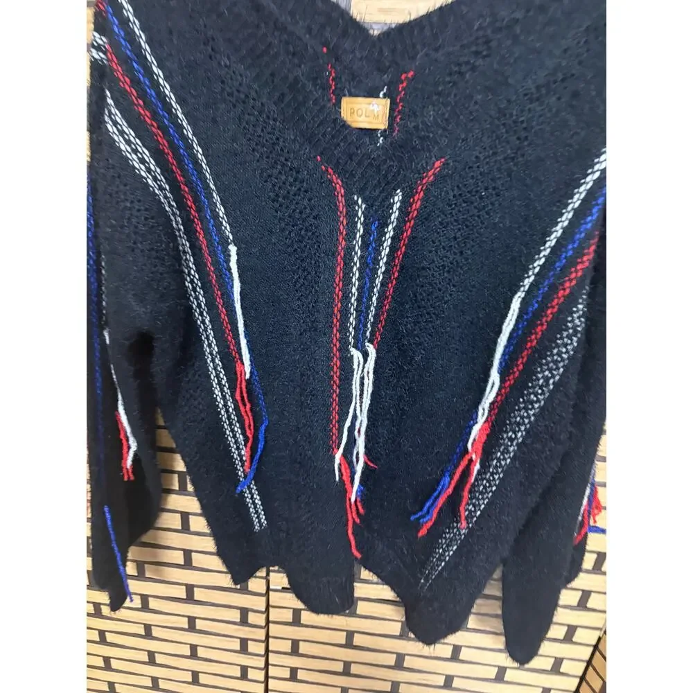 POL Black Multi Color Fring‎ V Neck Sweater Size Medium